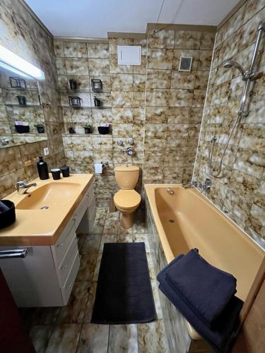 a bathroom with two sinks and a toilet and a tub at Cozy Apartment in Inzell in Inzell