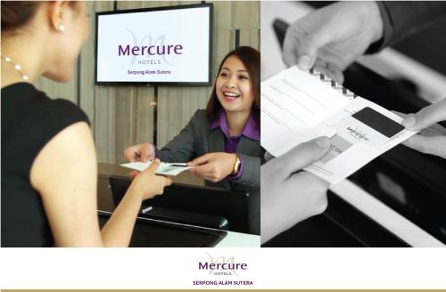 two pictures of a woman holding a piece of paper at Mercure Serpong Alam Sutera in Serpong
