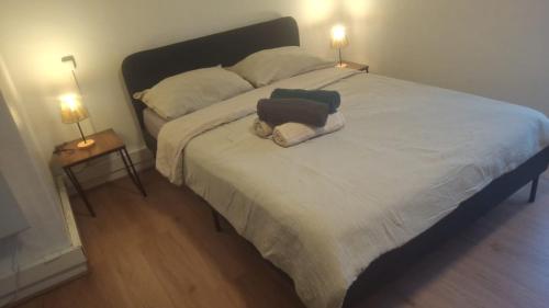 a large bed with a stuffed animal on it at Maison Jardin aéroport Charleroi in Charleroi