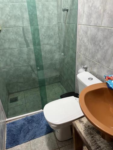 a bathroom with a shower and a toilet and a sink at Casa Vidro Mar in Bombinhas