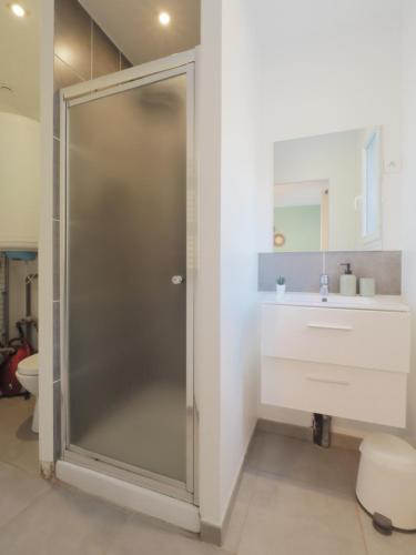 a bathroom with a shower with a toilet and a sink at gitelepetitvallon in Allemagne-en-Provence