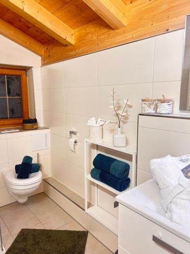 a bathroom with a toilet and blue towels at Ferienhaus Happyplace in Illach