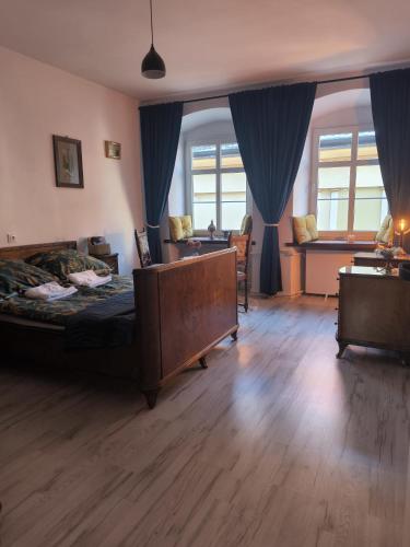 a bedroom with a bed and a desk and windows at Neo Retro in Jelenia Góra
