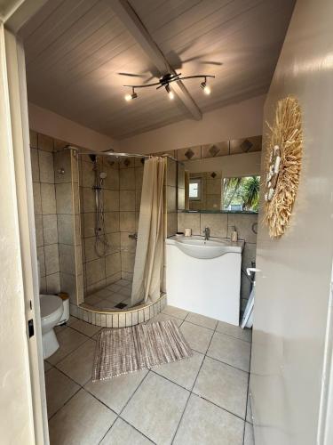 a bathroom with a shower and a tub and a sink at Agnanti in Riglia
