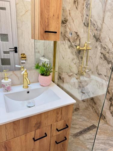 a bathroom with a sink and a shower at InspireNest Iulius Mall in Cluj-Napoca