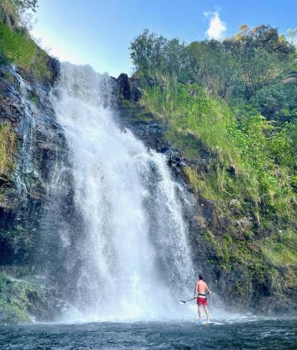 a man on water skis in front of a waterfall at The Inn at Kulaniapia Falls in Hilo