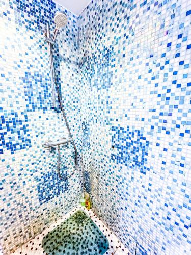 a bathroom with a shower with blue and white tiles at Anetes pirts in Jaunanna