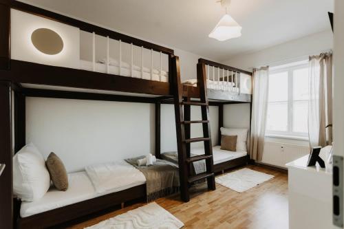 a bedroom with two bunk beds and a ladder at Designer Loft am Dessauer Hauptbahnhof in Dessau