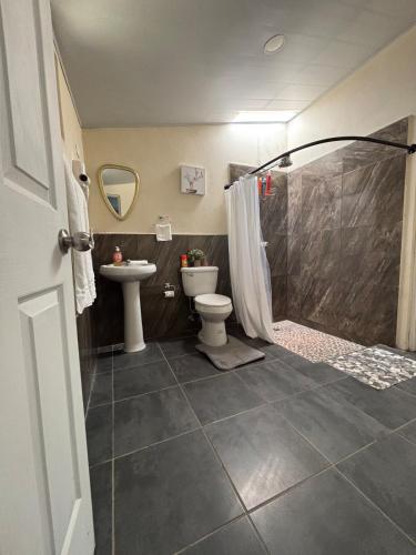 a bathroom with a shower and a toilet and a sink at Quinta Los 3 Tesoros in San Francisco Amatepe