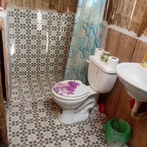 a bathroom with a toilet and a sink at El Nido del Condor Hostel Baeza in Baeza