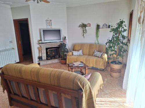 a living room with two couches and a fireplace at Ana Paula House in Aveiro