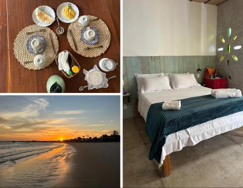 two pictures of a bedroom with a bed and the beach at Odoyá Corumbau in Corumbau