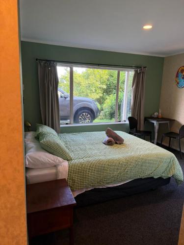 a bedroom with a bed and a window with a car outside at Villa in Bellevue in Tauranga