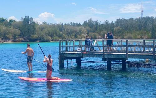 a woman on a paddle board in the water at The Lakeside Garden in Forster