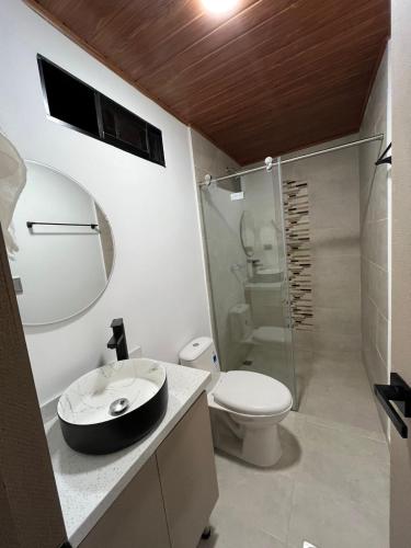 a bathroom with a toilet and a sink and a shower at Apto Domus in Pamplona