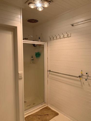 a bathroom with a shower and a walk in shower at Retreat in a beautiful forest! in McMahons Creek