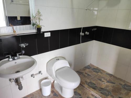 a bathroom with a toilet and a sink at Finca Villa Lake in Horizonte