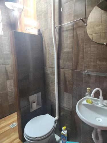 a bathroom with a toilet and a sink at casa aconchegante para descansar in Alegrete