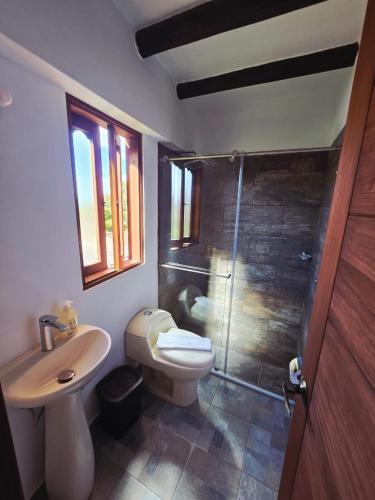 a bathroom with a shower and a toilet and a sink at Casa Hotel La Morada in Villa de Leyva
