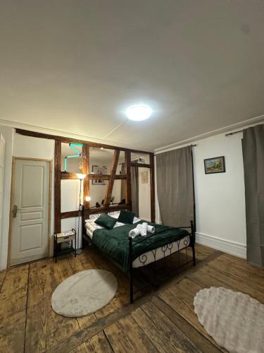 a bedroom with a bed with a green comforter at Apparemment Gütenberg-Cathedrale in Strasbourg