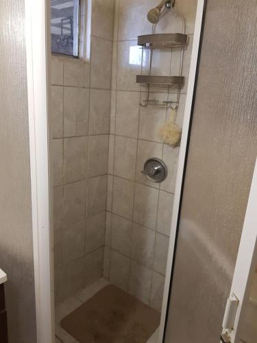 a shower with a glass door in a bathroom at Departamento Ruze Privado-Tranquilo in Plan Libertador