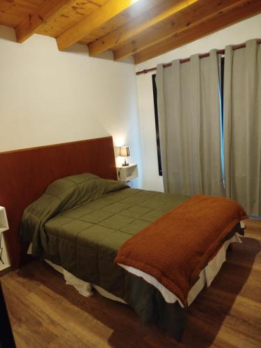 a bedroom with a bed in a room with wooden ceilings at Casa a estrenar En Trapiche - Pileta privada in Trapiche