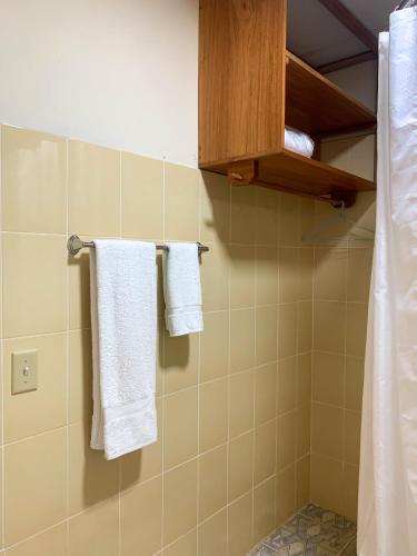 a bathroom with white towels hanging on a wall at Venus Lodging House in Alto Boquete