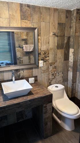 a bathroom with a toilet and a sink at Departamento con ubicacion priviligiada cerca de la playa in Acapulco