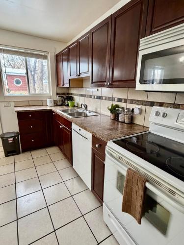 a kitchen with wooden cabinets and a stove top oven at Cozy Full House 3 bedrooms in Regina