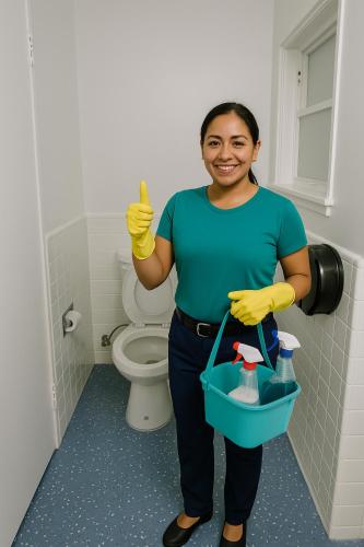 a woman giving a thumbs up in a bathroom at The Art Nook Private Rooms on Hollywood Blvd in Los Angeles