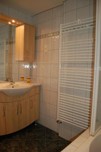 a bathroom with a sink and a shower with a mirror at Ferienwohnung Leeb in Sirnitz