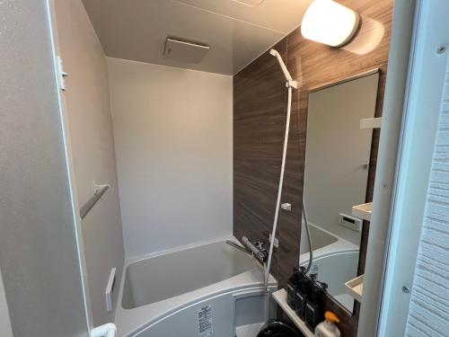 a bathroom with a tub and a mirror at Maison du Skytree Tokyo in Tokyo