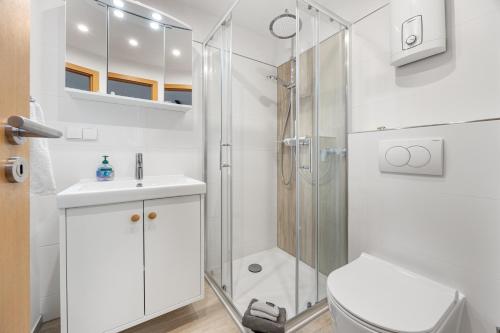 a white bathroom with a shower and a toilet at Altes Holzboot in Steinhude