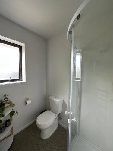 a white bathroom with a toilet and a shower at The Garden Room in Clyde