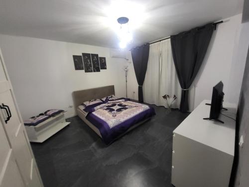 a bedroom with a bed and a television in it at Apart 1 Dragonul Rosu - Spital Fundeni in Dobroeşti