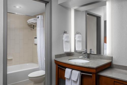 a bathroom with a sink and a toilet and a tub at Hyatt Place Sterling Dulles Airport North in Sterling