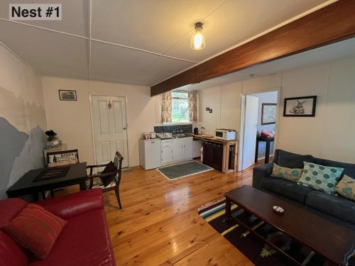 a living room with a couch and a table at Grampians Nest in Halls Gap