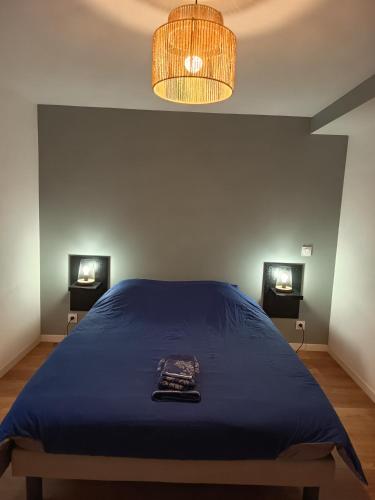 a bedroom with a blue bed with two night stands at Escapade nature à Langon logement rénové in Langon
