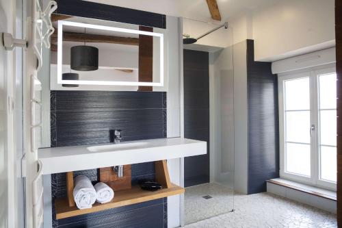 a bathroom with a sink and a mirror at Gîte de la Crayère in Gionges