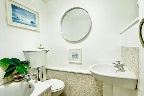 a bathroom with a sink and a toilet and a mirror at Hollybush House in Welwyn Garden City