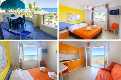 a collage of three pictures of a hotel room at La Baia Di Ulisse in Venetico