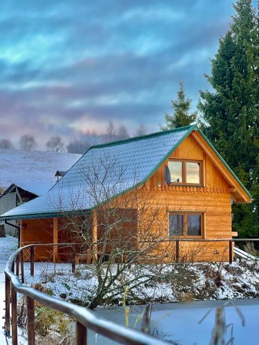 een blokhut met een blauw dak in de sneeuw bij Koński Zakątek in Lutowiska