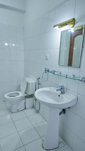 a white bathroom with a toilet and a sink at Hotel Norbu Sangpo in Kathmandu