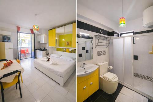 two pictures of a bathroom with a bed and a sink at LA BAIA DI NETTUNO Il Gatto e La Volpe in Venetico