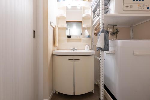 a bathroom with a sink and a mirror at Bushido Kashiwa in Kashiwa