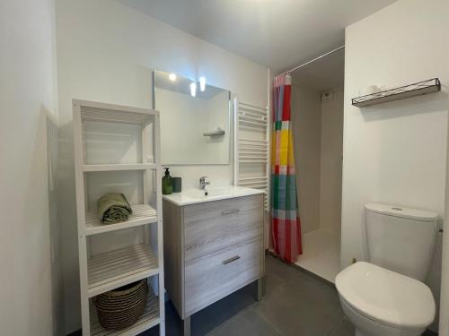 a bathroom with a sink and a toilet and a mirror at Appartement - Hossegor Lac in Hossegor