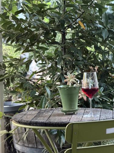 a glass of wine sitting on a table next to a plant at Barossa Valley’s Captain Rodda’s Cottage in Angaston