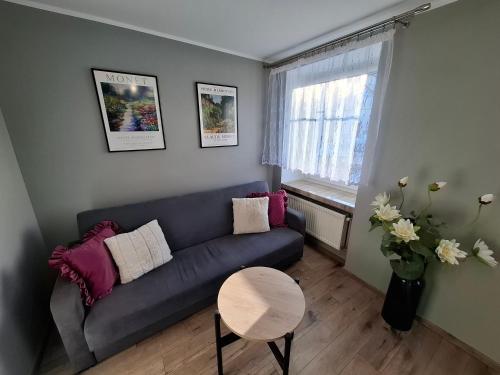 a living room with a blue couch and a table at Apartament Lewin Kłodzki in Lewin Kłodzki