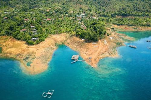 an aerial view of an island in the water at Mường Trai Homestay in Sơn La