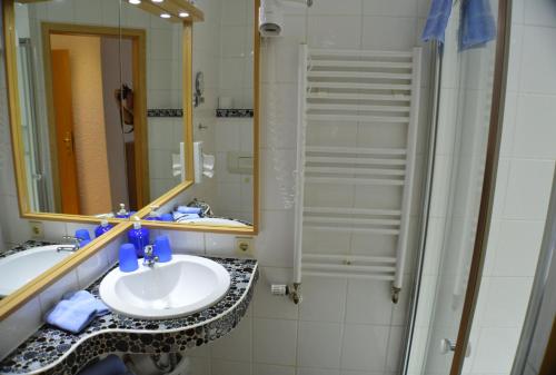 a bathroom with a sink and a shower and a mirror at Hotel und Restaurant Feustel in Plauen